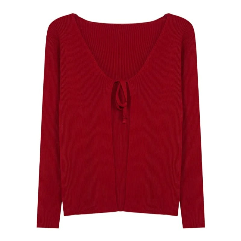 Red knitted cardigan