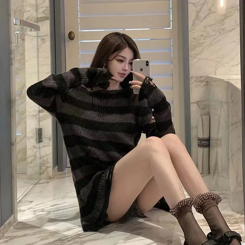 Striped oversize knitting sweater for women