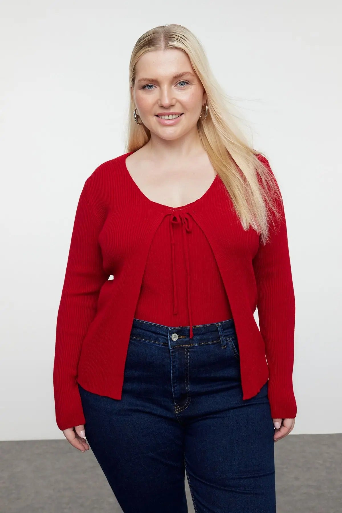 Red knitted cardigan