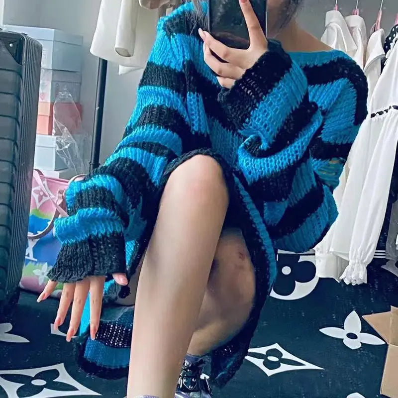 Striped oversize knitting sweater for women