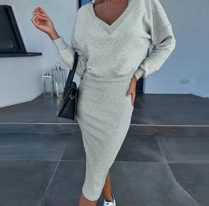 Wickelkleid und V-Ausschnitt Sweatshirt Set