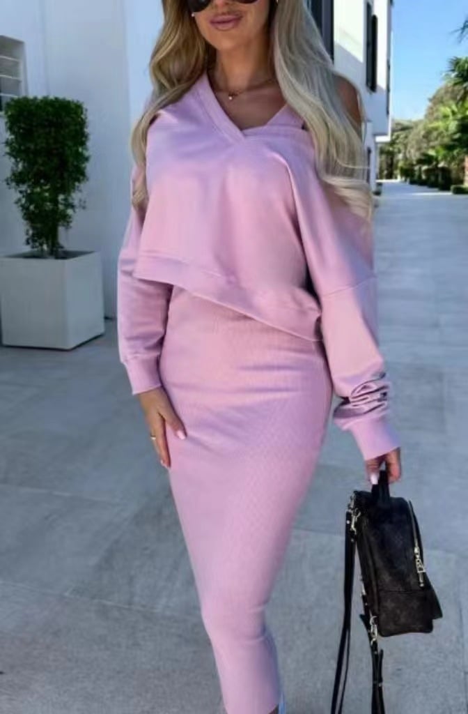 Wickelkleid und V-Ausschnitt Sweatshirt Set