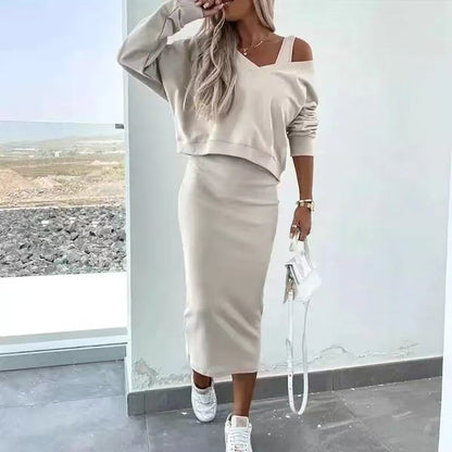 Wickelkleid und V-Ausschnitt Sweatshirt Set