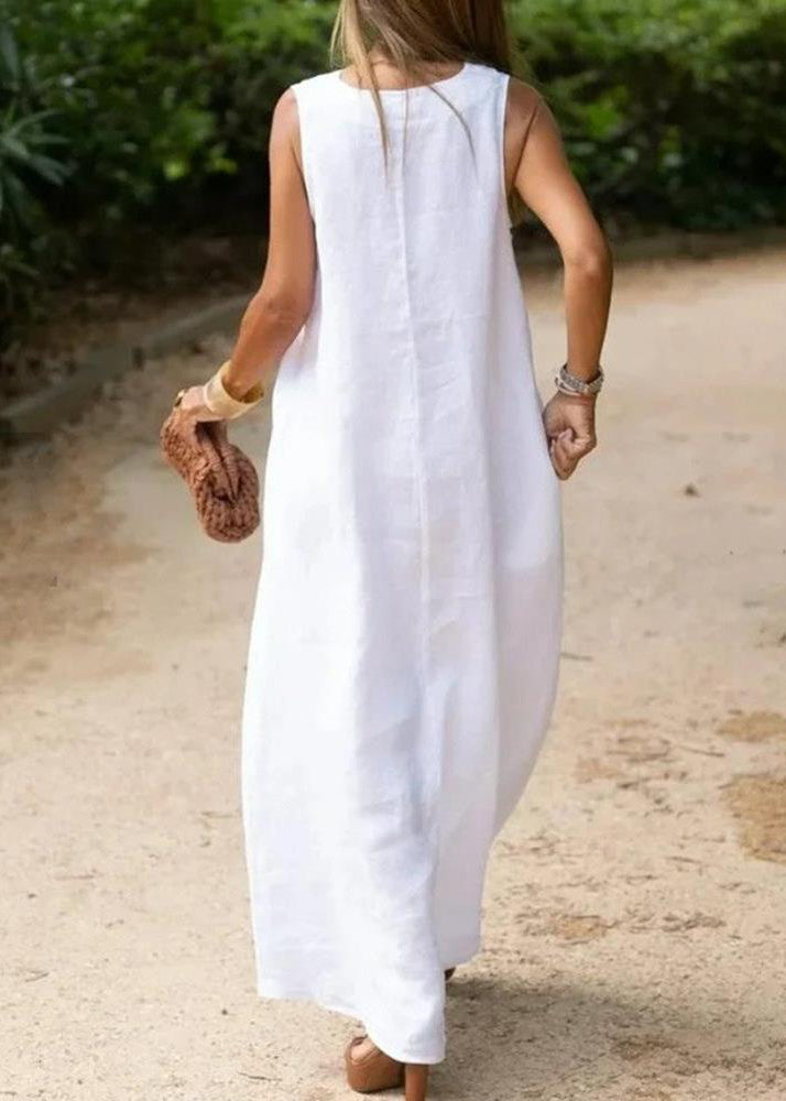 Bohemian Weißes V-Ausschnitt Baumwoll A-Linien Kleid Ohne Ärmel