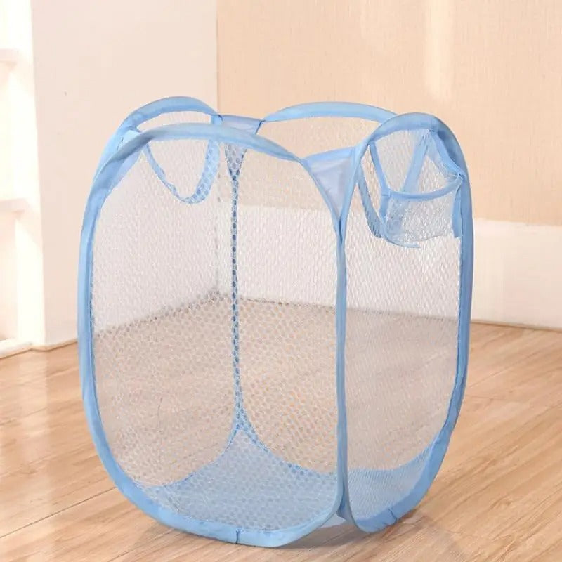 Foldable laundry basket made of network fabric with handles