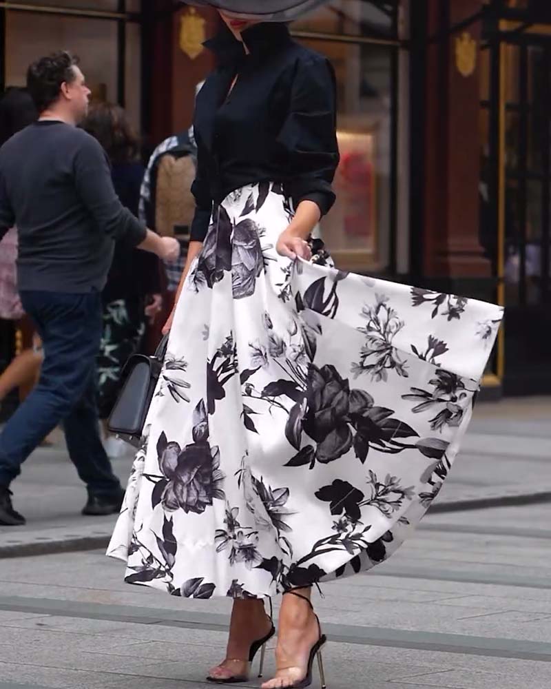 Eleganter Blumendruck langärmliger Zweiteiler
