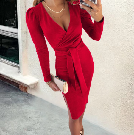 Ulaine - Langarm V-Ausschnitt Midi-Kleid
