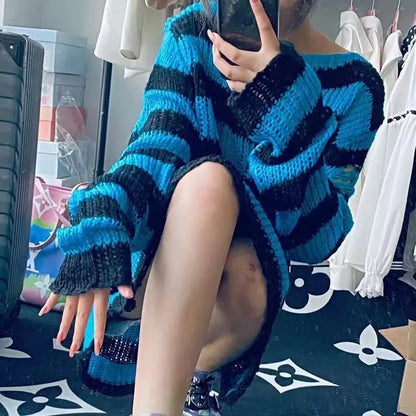 Striped oversize knitting sweater for women