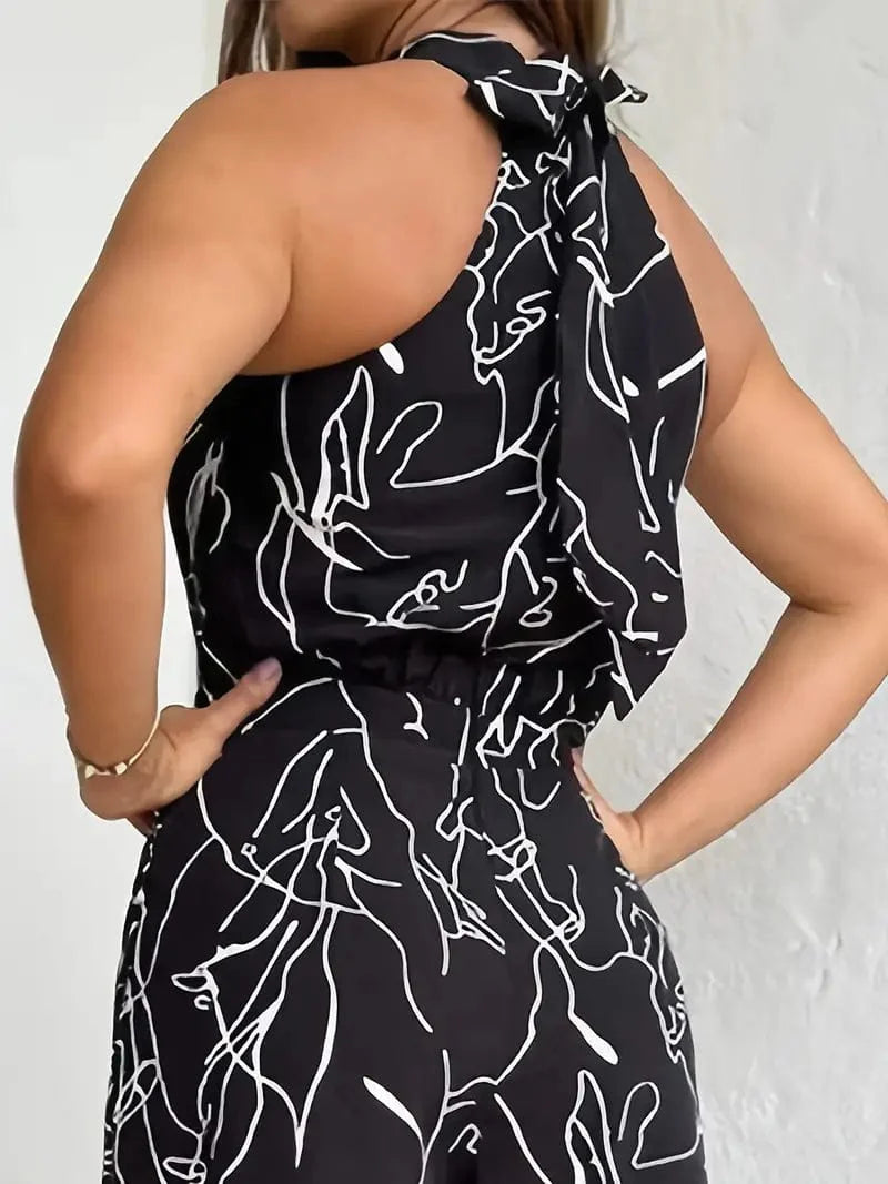 Lässiger bedruckter Halter-Ärmelloser Jumpsuit mit hohem Taillenansatz und weitem Bein