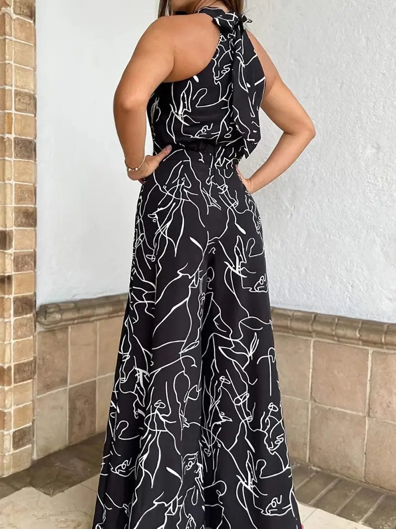 Lässiger bedruckter Halter-Ärmelloser Jumpsuit mit hohem Taillenansatz und weitem Bein