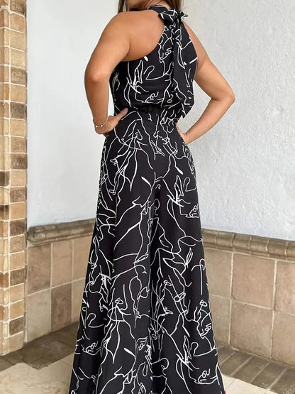 Lässiger bedruckter Halter-Ärmelloser Jumpsuit mit hohem Taillenansatz und weitem Bein