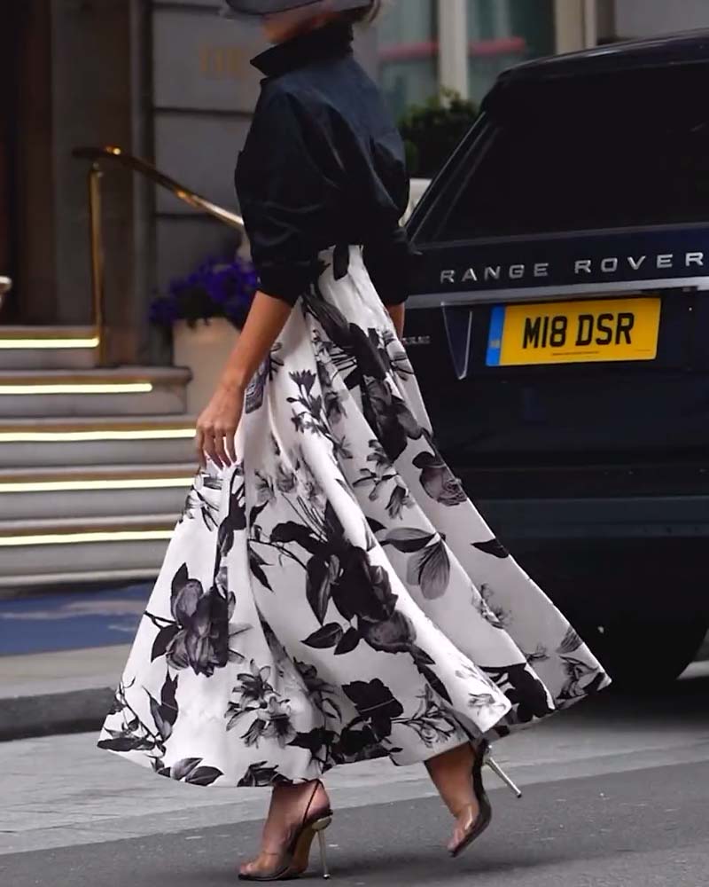 Eleganter Blumendruck langärmliger Zweiteiler