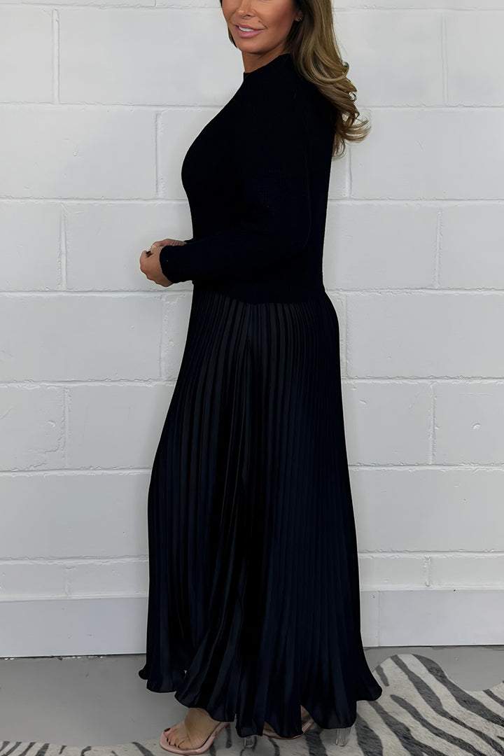 Damen einfarbiger Langarmpullover mit Plisseeröcken Kleid