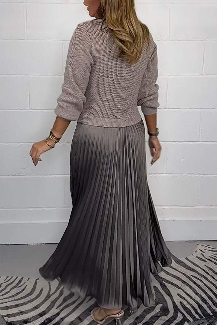 Damen einfarbiger Langarmpullover mit Plisseeröcken Kleid