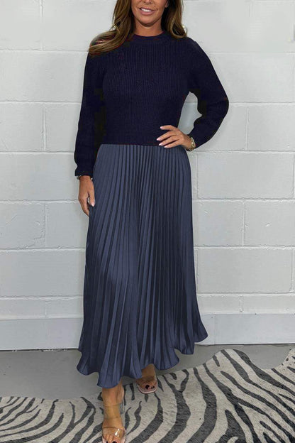 Damen einfarbiger Langarmpullover mit Plisseeröcken Kleid