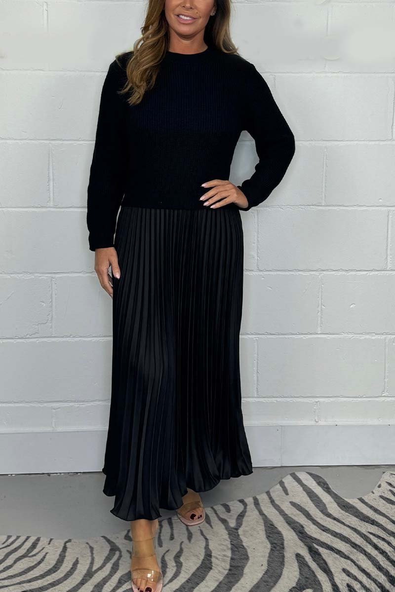 Damen einfarbiger Langarmpullover mit Plisseeröcken Kleid