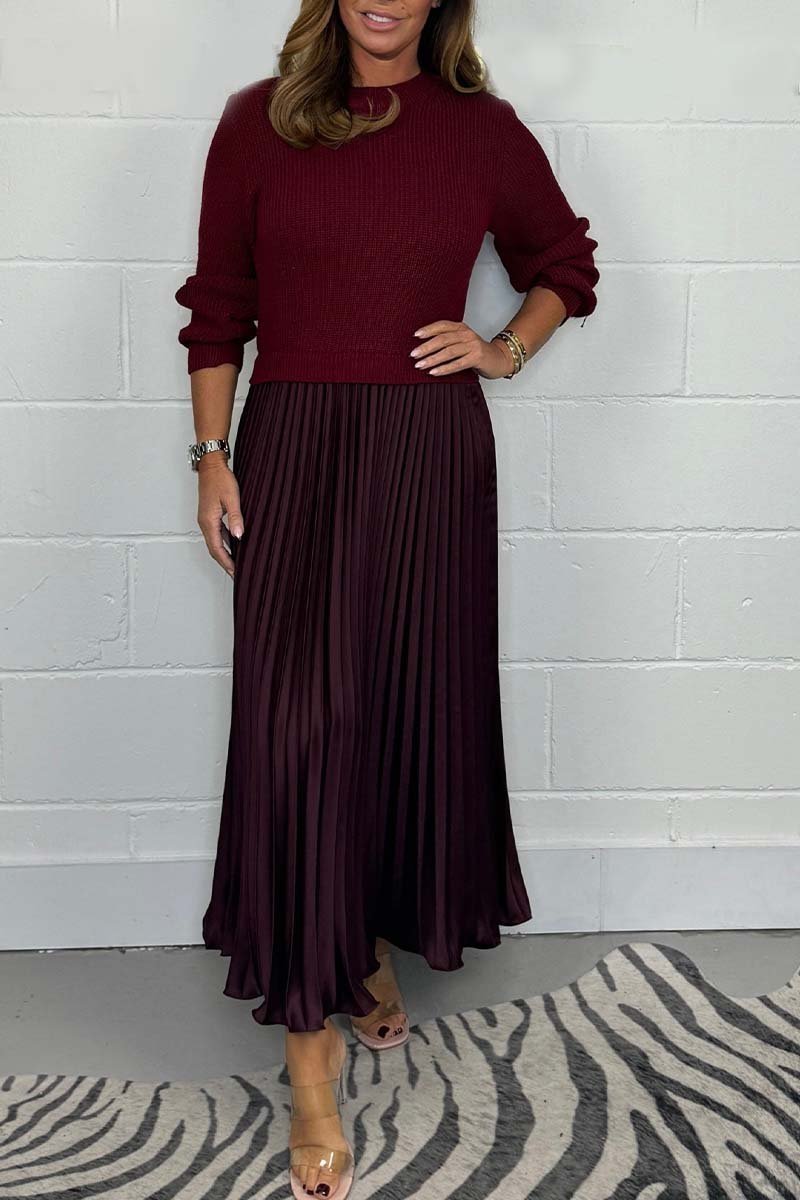Damen einfarbiger Langarmpullover mit Plisseeröcken Kleid