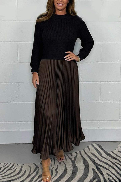 Damen einfarbiger Langarmpullover mit Plisseeröcken Kleid