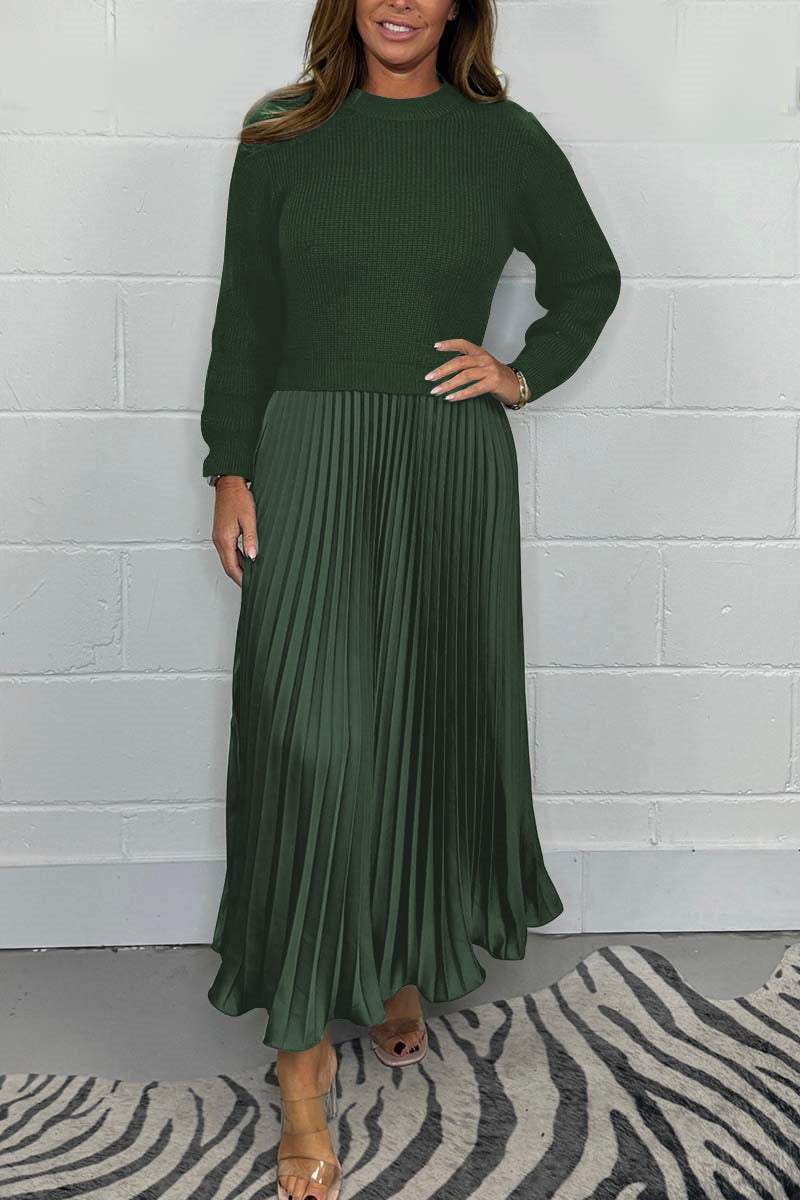 Damen einfarbiger Langarmpullover mit Plisseeröcken Kleid